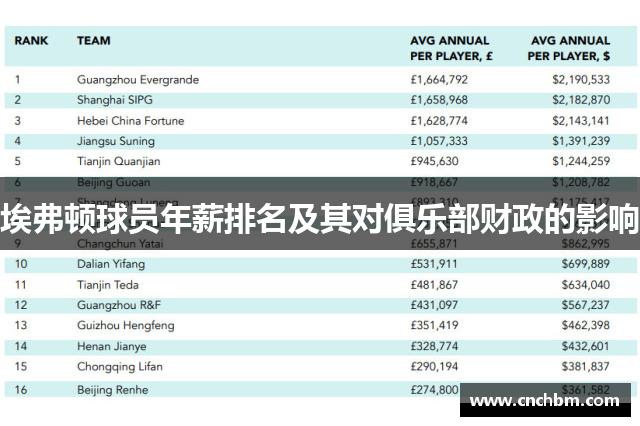 埃弗顿球员年薪排名及其对俱乐部财政的影响