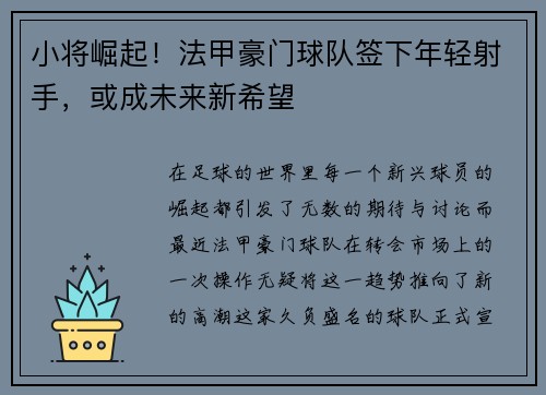 小将崛起！法甲豪门球队签下年轻射手，或成未来新希望
