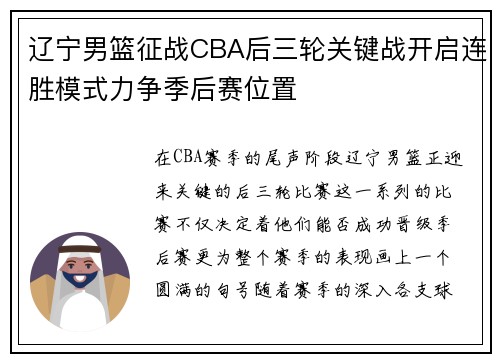 辽宁男篮征战CBA后三轮关键战开启连胜模式力争季后赛位置